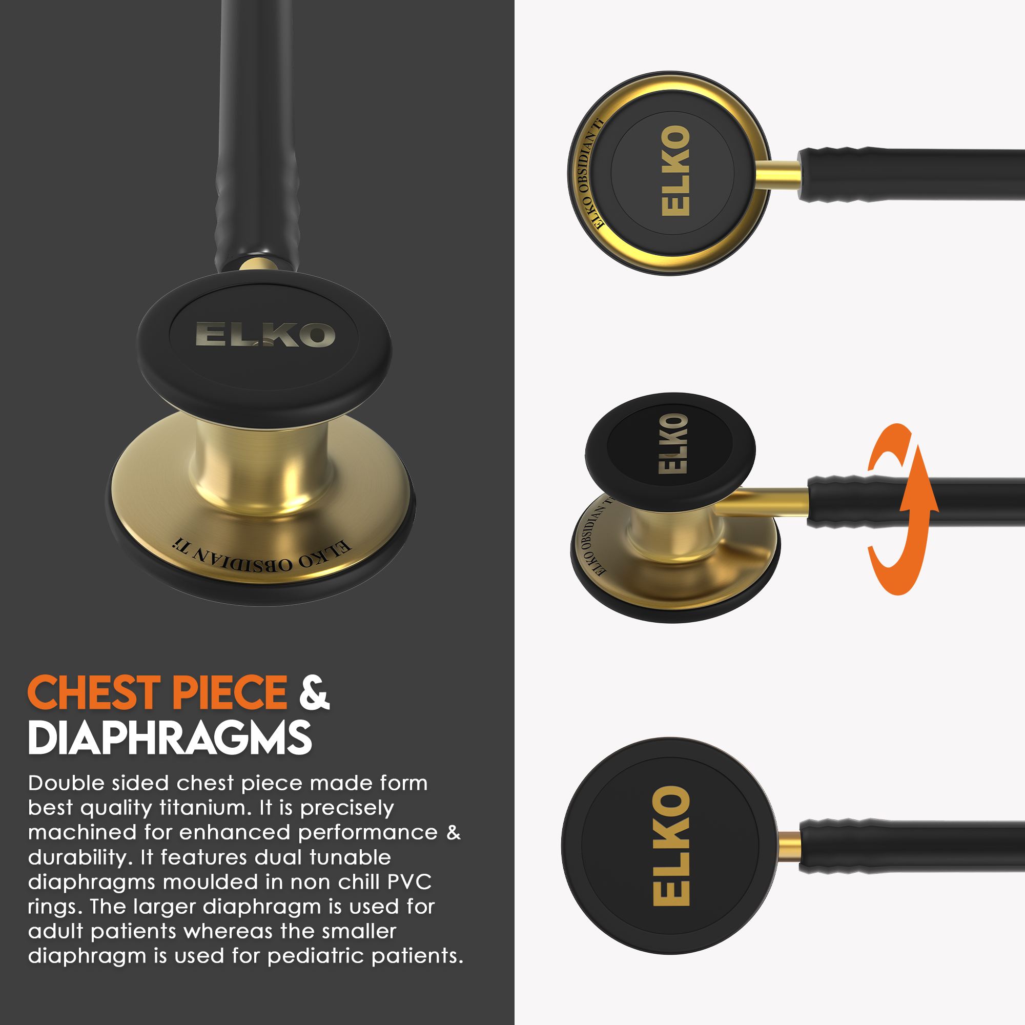 ELKO OBSIDIAN SERIES TITANIUM STETHOSCOPE – French Gold Edition / Black Tubing