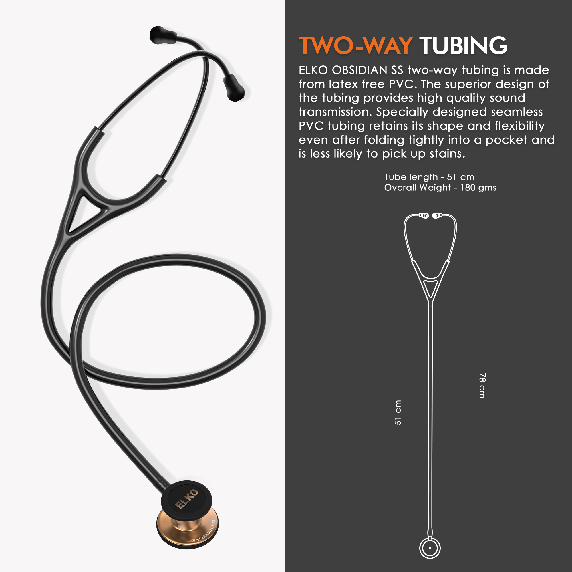 ELKO OBSIDIAN Series Stainless Steel Stethoscope - Rose Gold / Black Tube