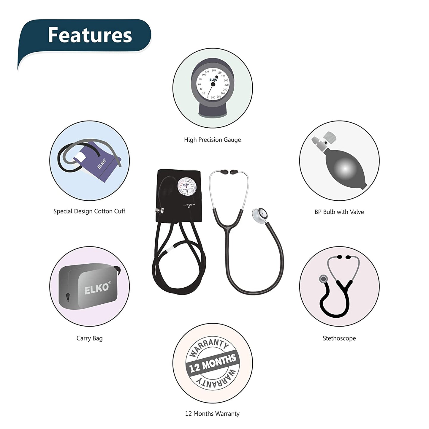 ELKO Dial Type Aneroid Sphygmomanometer with Deluxe Stethoscope