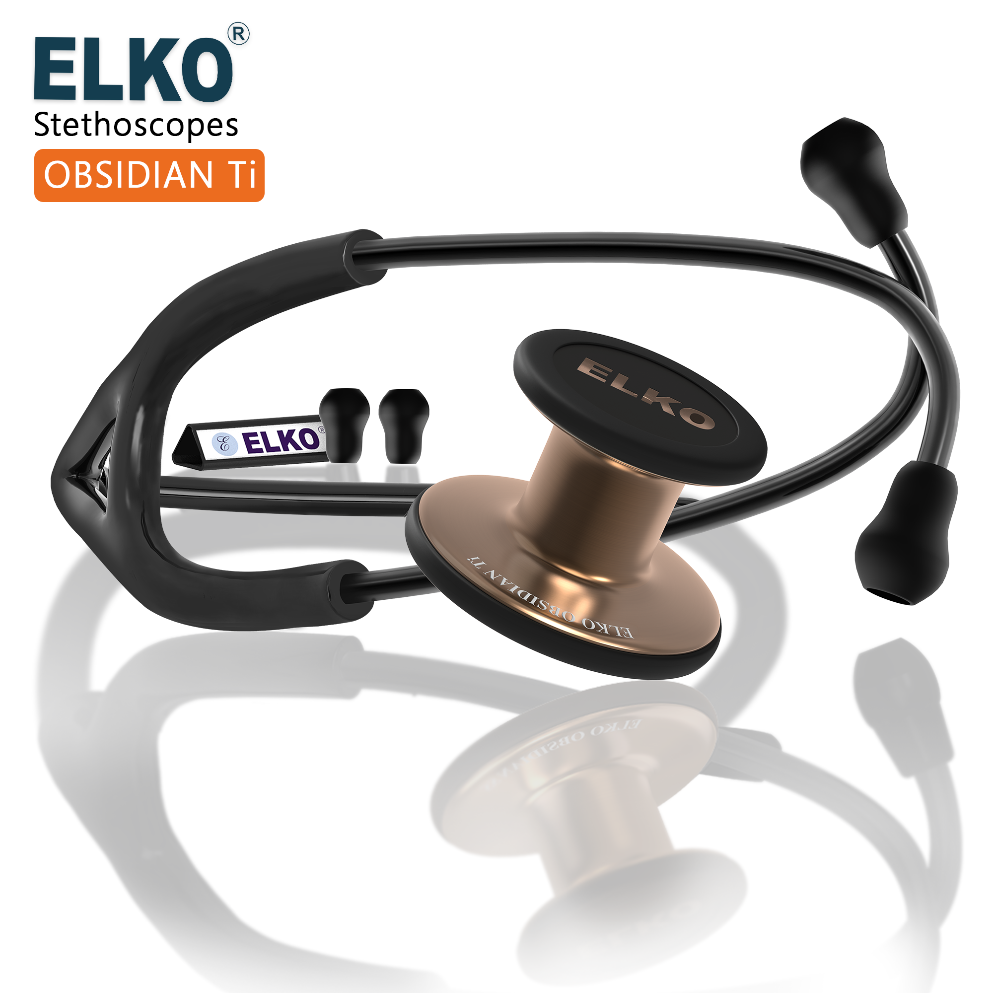 ELKO OBSIDIAN SERIES TITANIUM STETHOSCOPE – Rose Gold Edition / Black Tubing