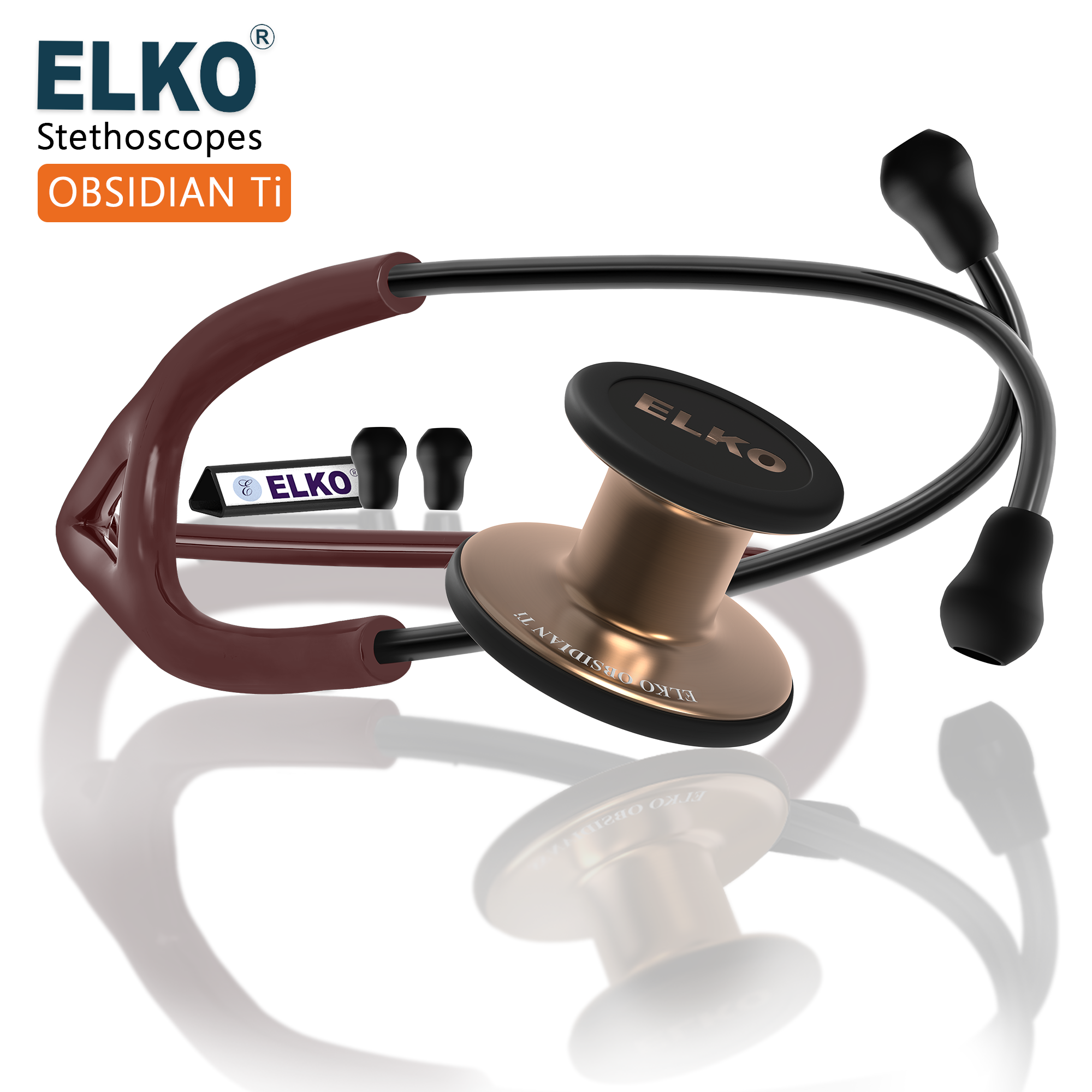 ELKO OBSIDIAN SERIES TITANIUM STETHOSCOPE – Rose Gold Edition / Brown Tubing
