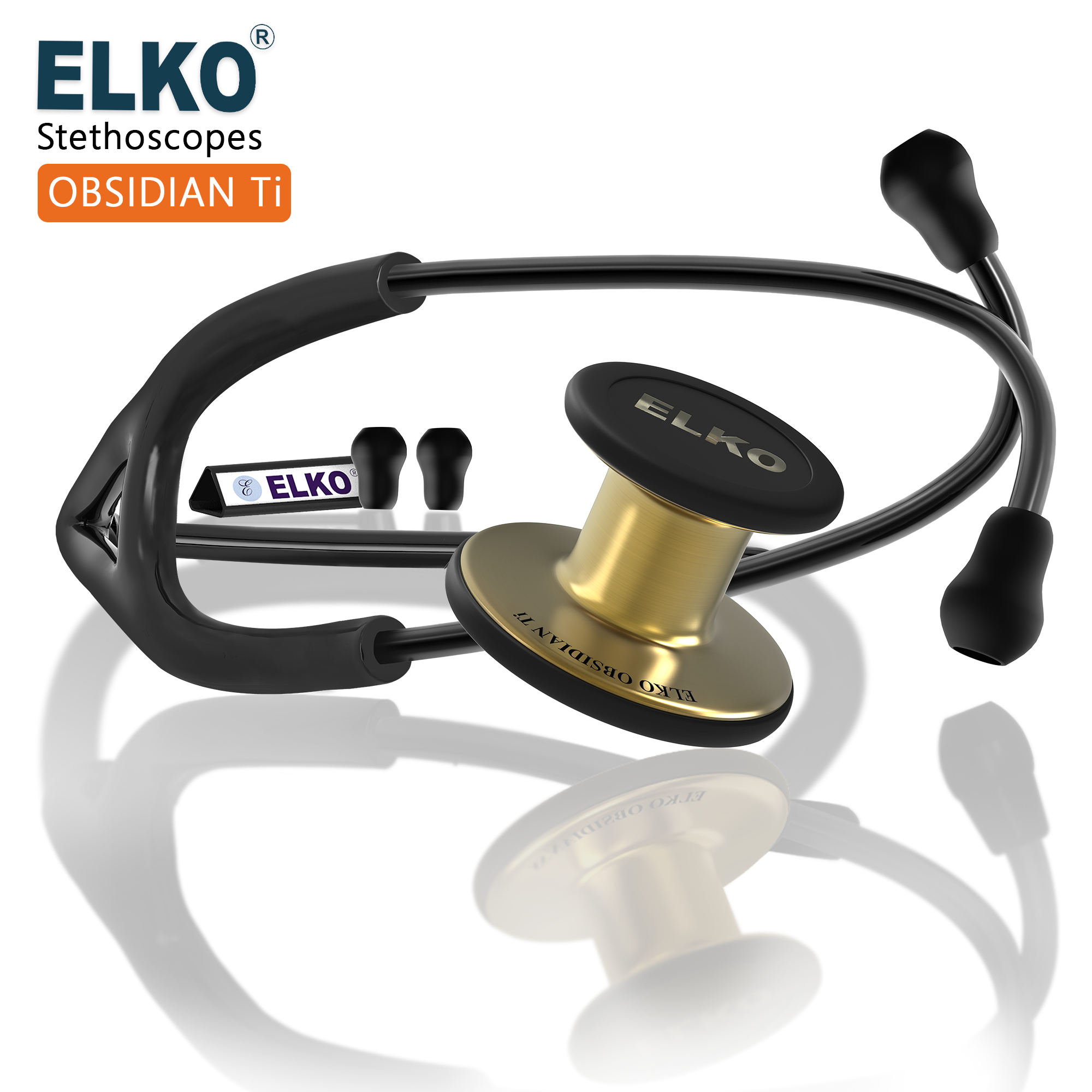 ELKO OBSIDIAN SERIES TITANIUM STETHOSCOPE – French Gold Edition / Black Tubing