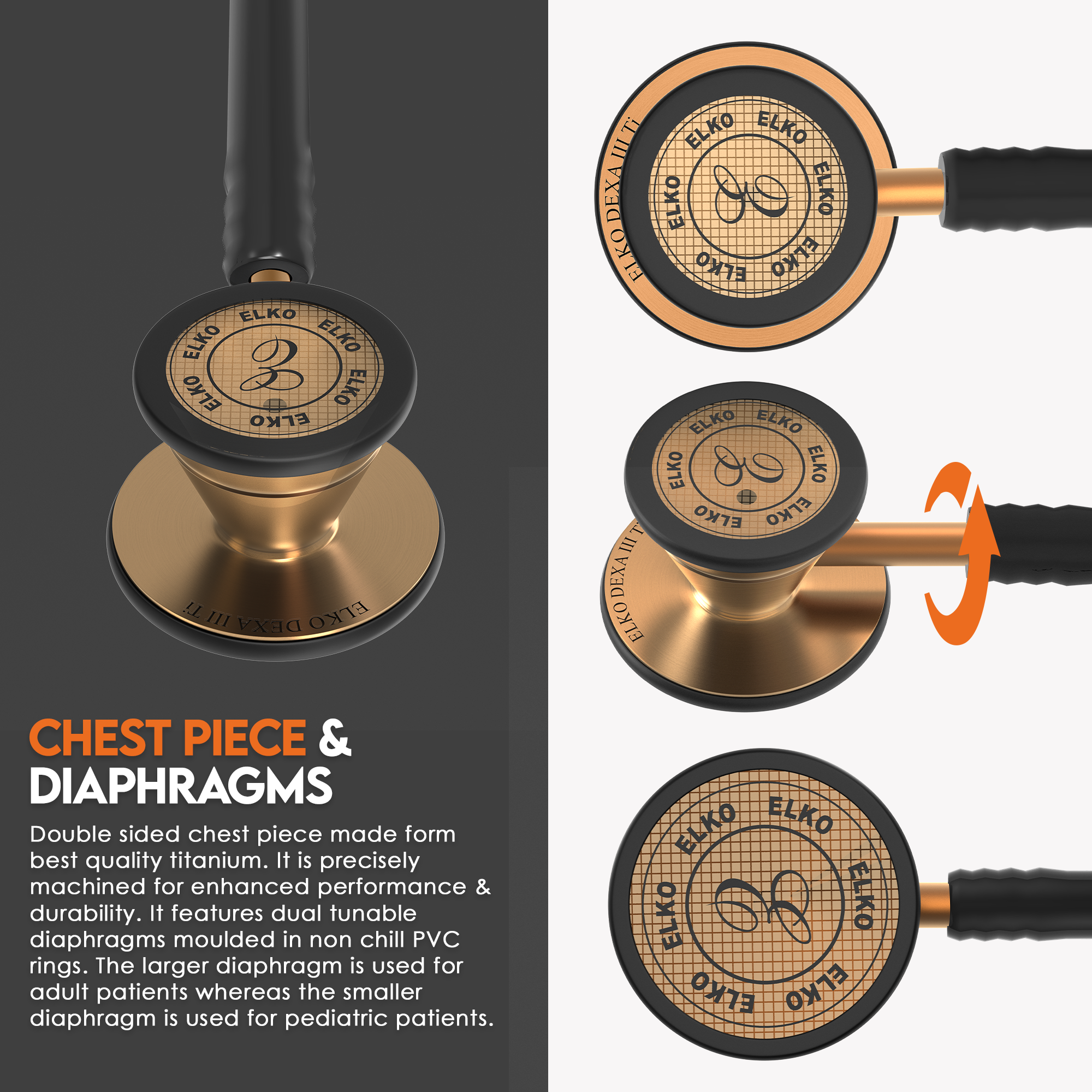 ELKO DEXA III Ti Titanium Stethoscope - Rose Gold