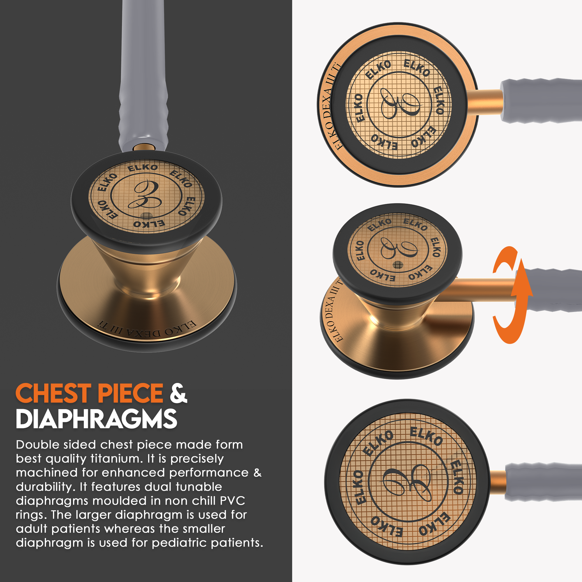 ELKO DEXA III Ti Titanium Stethoscope - Rose Gold