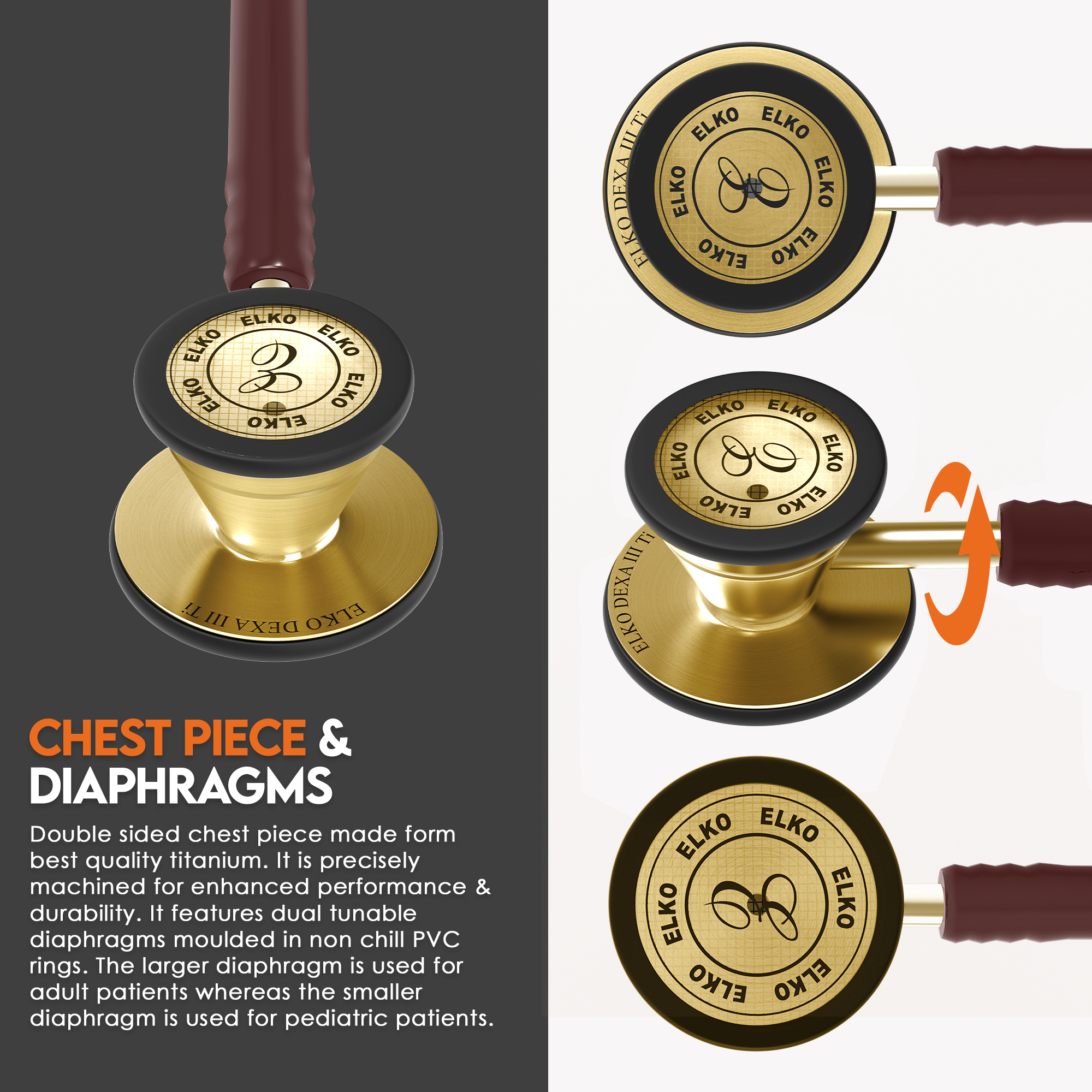 ELKO DEXA III Ti Titanium Stethoscopes- Gold Edition
