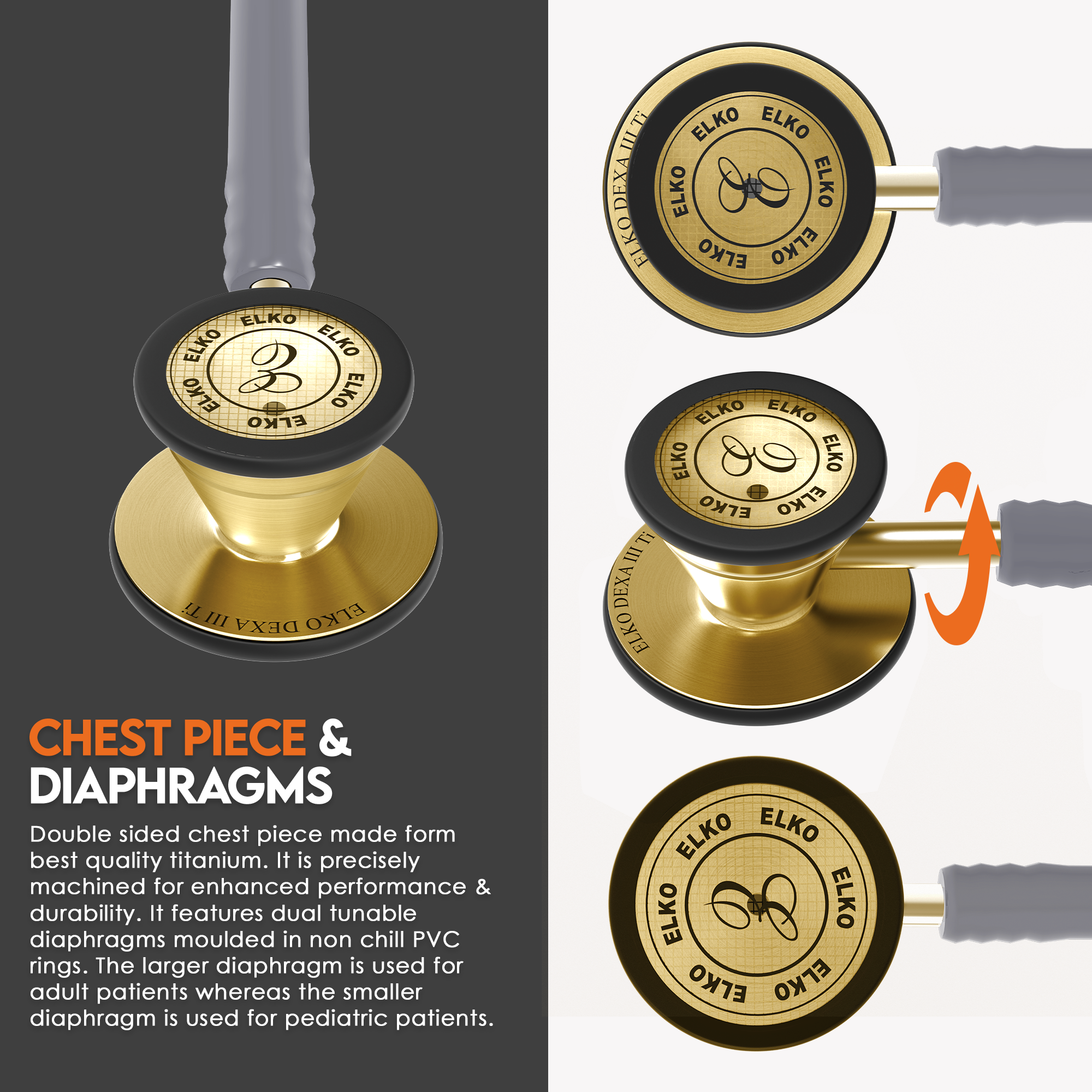 ELKO DEXA III Ti Titanium Stethoscopes- Gold Edition